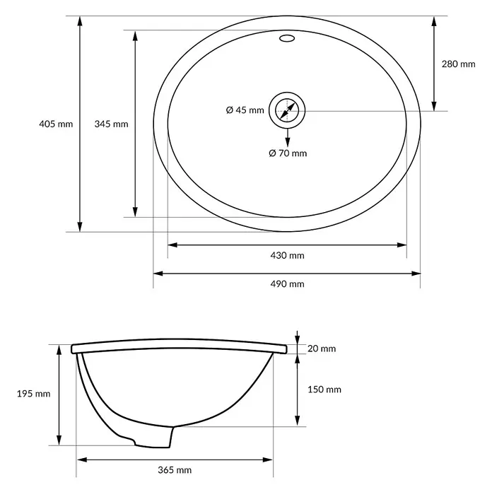 LuxeBath Waschbecken Keramik Weiß Oval 49x19,5x40,5cm mit Ablaufgarnitur -  - Technische Zeichnung eines ovalen Waschbeckens mit detaillierten Maßen.