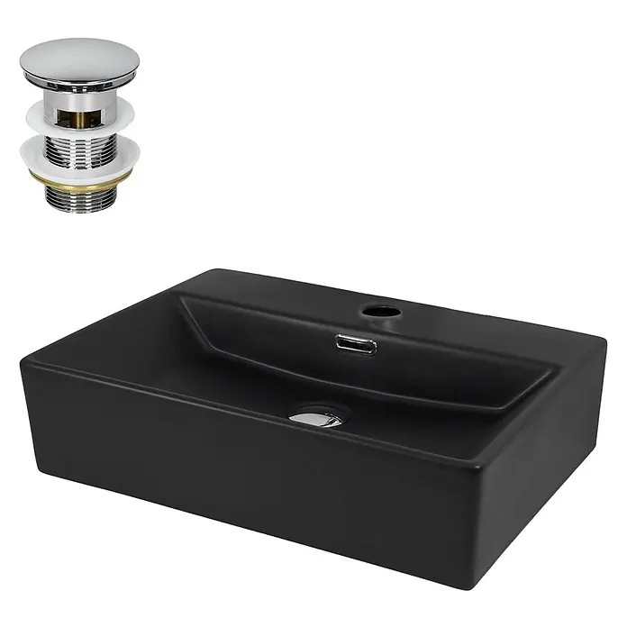 LuxeBath Waschbecken Keramik Schwarz Matt 515x360x130 mm mit Ablaufgarnitur -  - Mattschwarzes rechteckiges Keramik-Waschbecken mit verchromtem Pop-up-Ablaufstopfen.