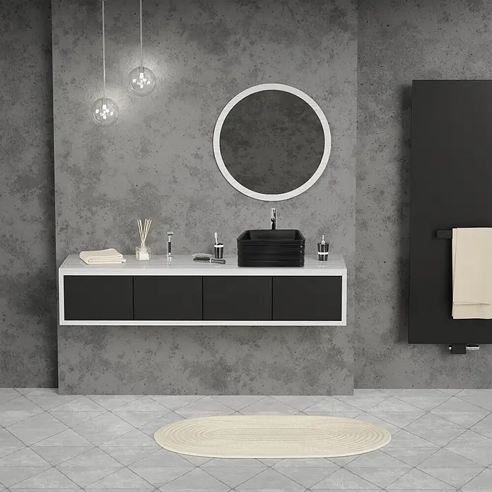LuxeBath Aufsatzwaschbecken Waschtisch aus Keramik für Badezimmer / Gäste-WC - Ohne Spezialglasur, Schwarz - Moderner schwarzer schwebender Waschtisch mit rechteckigem Aufsatzwaschbecken und weißer Ablage im minimalistischen Bad.