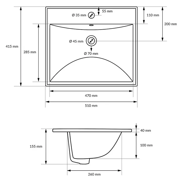 ML-Design Waschbecken Keramik Weiß 51x15,5x41,5 cm Eckig Ablaufgarnitur -  - Technischer Plan eines rechteckigen Waschbeckens mit Ober- und Seitenansicht und detaillierten Maßen für die Installation.