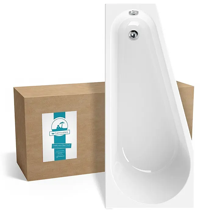 Calmwaters Raumsparbadewanne Essential Small - Sanitäracryl, Weiß, Rechts - Weiße Badewanne mit Chromarmaturen und braunem Karton daneben.