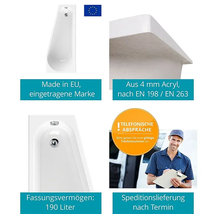 Calmwaters Raumsparbadewanne Essential Small - Sanitäracryl, Weiß, Rechts - Weiße asymmetrische Acrylbadewanne mit 190 Liter Fassungsvermögen, aus 4mm Acryl gefertigt, Made in EU.