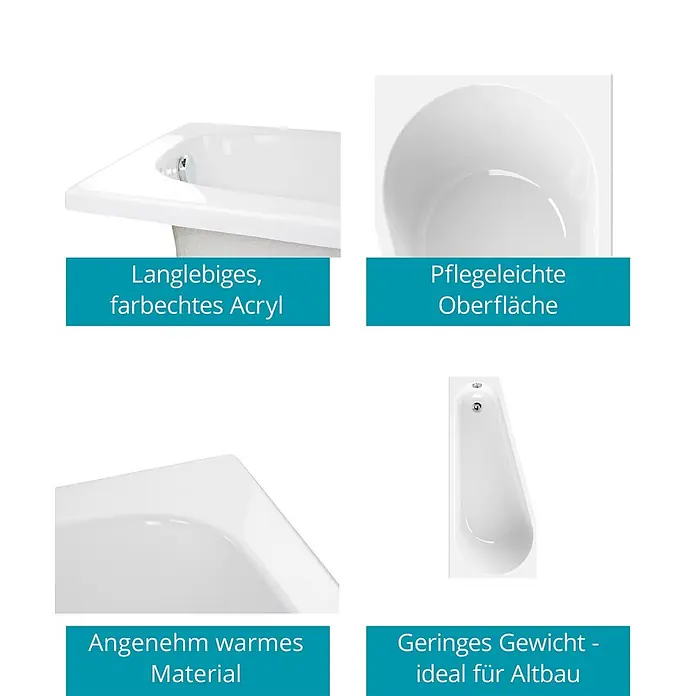 Calmwaters Raumsparbadewanne Essential Small - Sanitäracryl, Weiß, Rechts - Weiße Acryl-Badewanne mit langlebiger, pflegeleichter Oberfläche und geringem Gewicht, ideal für Altbau.