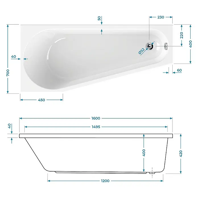 Calmwaters Raumsparbadewanne Essential Small - Sanitäracryl, Weiß, Rechts - Weiße rechteckige Badewanne, technische Zeichnung mit Draufsicht und Seitenansicht sowie Schlüsselmaßen.