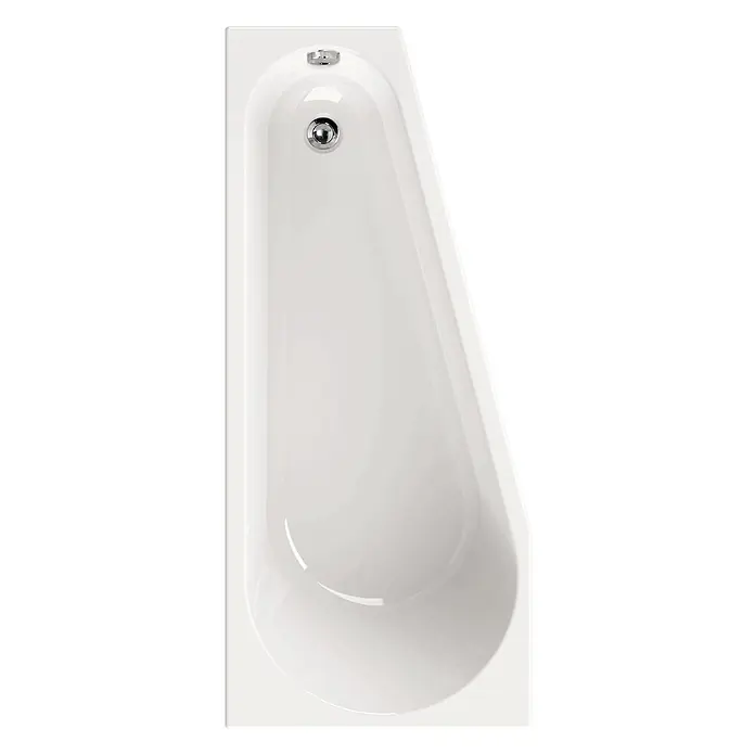 Calmwaters Raumsparbadewanne Essential Small - Sanitäracryl, Weiß, Rechts - Weiße asymmetrische Badewanne mit Chromablauf und Überlauf.