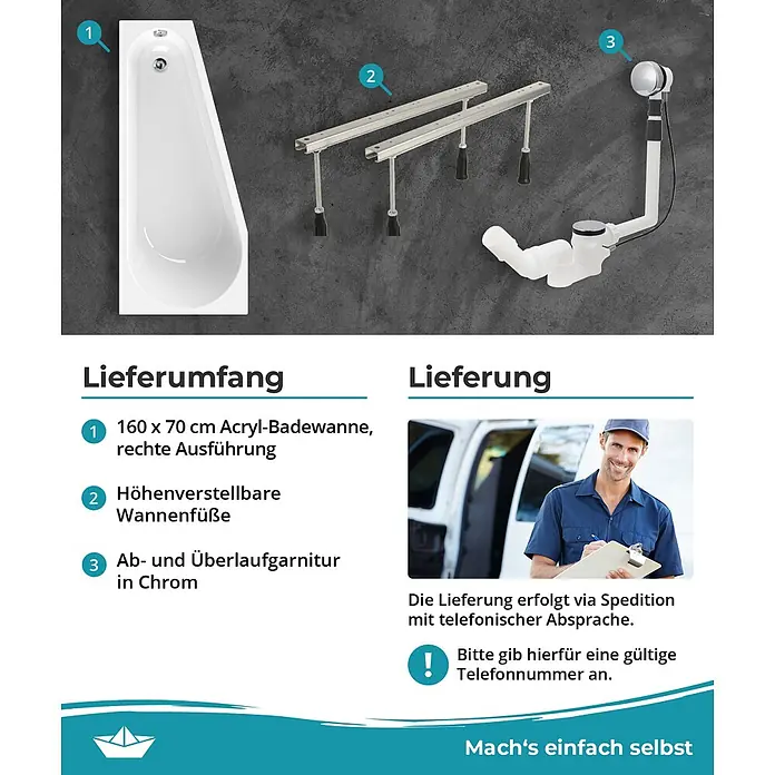 Calmwaters Raumsparbadewanne Essential Small - Sanitäracryl, Weiß, Rechts - Weiße Acryl-Badewanne (160x70cm, rechtsseitig) mit höhenverstellbaren Füßen und verchromter Ab- und Überlaufgarnitur.