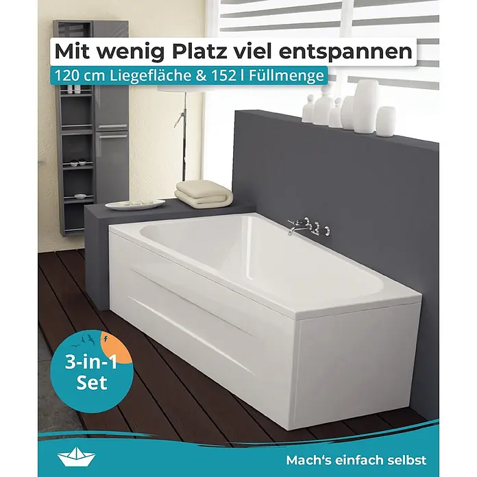 Calmwaters Raumsparbadewanne Essential Small - Sanitäracryl, Weiß, Rechts - Weißes, kompaktes 3-in-1-Badewannen-Set mit 120 cm Liegefläche und 152 L Füllmenge in einem modernen Bad.