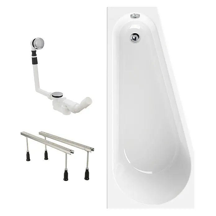 Calmwaters Raumsparbadewanne Essential Small - Sanitäracryl, Weiß, Rechts - Weiße asymmetrische Badewanne mit Chrom-Ablauf/Überlauf, weißem Abflussrohr und Metall-Stützrahmen mit schwarzen Füßen.