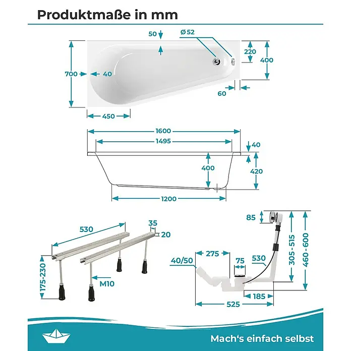 Calmwaters Raumsparbadewanne Essential Small - Sanitäracryl, Weiß, Rechts - Weiße Badewanne mit detaillierten Maßen, Stützrahmen und Ablaufsystem zur Installation.