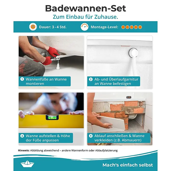 Calmwaters Raumsparbadewanne Essential Small - Sanitäracryl, Weiß, Rechts - Anleitung zur Badewanneninstallation in 4 Schritten: Füße montieren, Abläufe anbringen, Wanne ausrichten und verkleiden.
