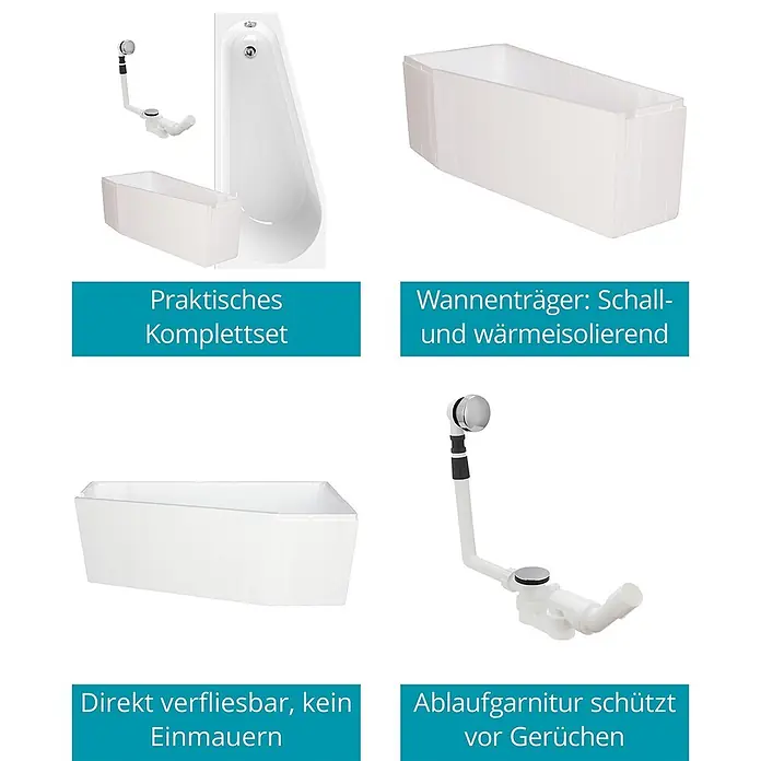 Calmwaters Raumsparbadewanne Essential Small - Sanitäracryl, Weiß, Rechts - Weiße asymmetrische Badewanne, vorgeformter Wannenträger und verchromtes Ablaufset. Ein komplettes Installationskit.