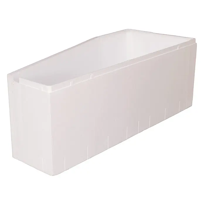 Calmwaters Raumsparbadewanne Essential Small - Sanitäracryl, Weiß, Rechts - Weiße, rechteckige Isolierbox aus expandiertem Polystyrol mit Innenrand.
