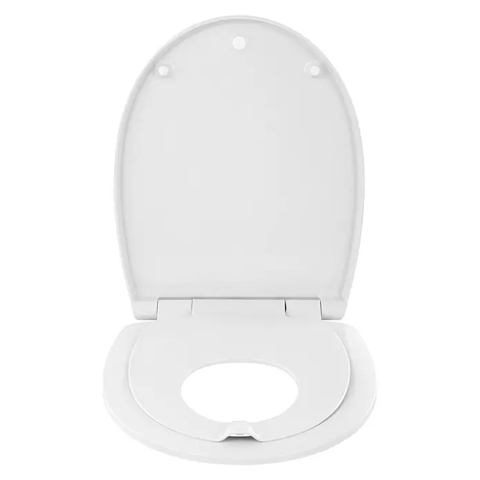 Calmwaters® WC-Sitz Family, Toilettendeckel mit integriertem Kindersitz, einzeln lösbar, Absenkautomatik, 2 Montage-Optionen von oben, abnehmbar, antibakteriell, ovale Klobrille Weiß -  - Weißer Toilettensitz mit hochgeklapptem Deckel und integriertem Kindersitz.