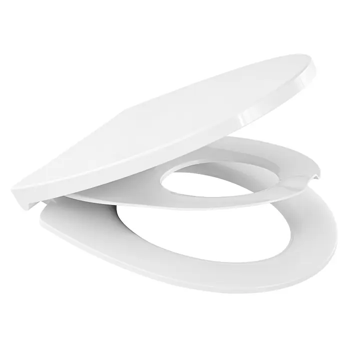 Calmwaters® WC-Sitz Family, Toilettendeckel mit integriertem Kindersitz, einzeln lösbar, Absenkautomatik, 2 Montage-Optionen von oben, abnehmbar, antibakteriell, ovale Klobrille Weiß -  - Weißer Toilettensitz mit integriertem Kindersitz, leicht geöffnet.