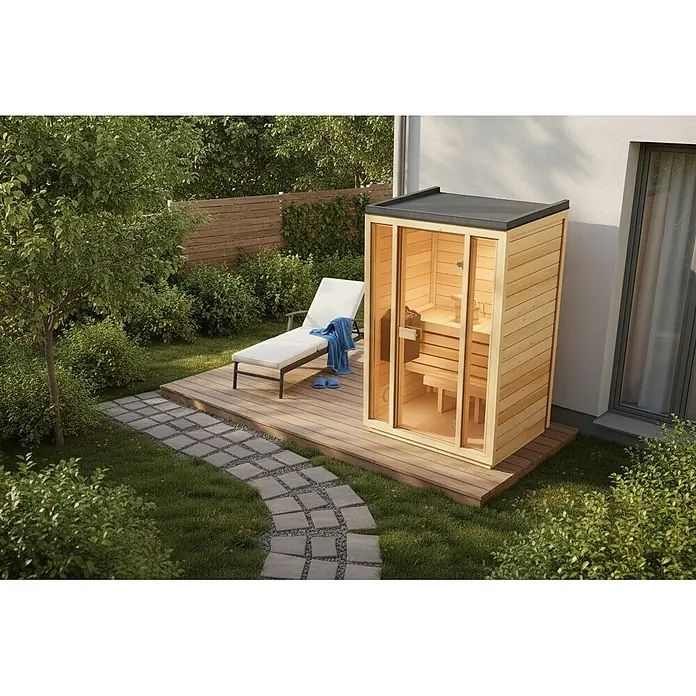 Gartensauna Kuuma S138x111cm Natur 42mm Wandstärke -  - Outdoor-Sauna aus hellem Holz mit Glastür, auf einer Terrasse mit Liegestuhl im Garten.