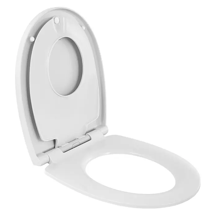 Calmwaters® WC-Sitz Family, Toilettendeckel mit integriertem Kindersitz, einzeln lösbar, Absenkautomatik, 2 Montage-Optionen von oben, abnehmbar, antibakteriell, ovale Klobrille Weiß -  - Weißer Kunststoff-Toilettensitz mit integriertem Kinderaufsatz, geöffnet dargestellt.
