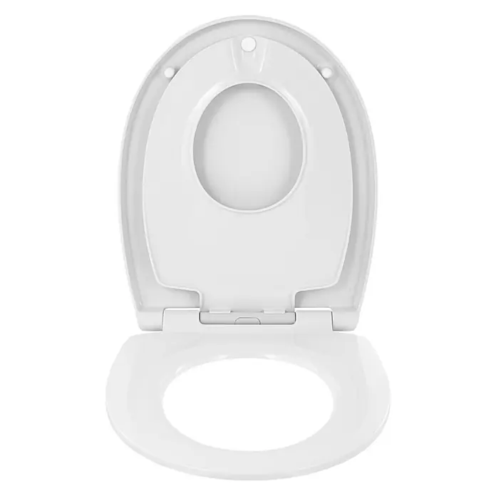 Calmwaters® WC-Sitz Family, Toilettendeckel mit integriertem Kindersitz, einzeln lösbar, Absenkautomatik, 2 Montage-Optionen von oben, abnehmbar, antibakteriell, ovale Klobrille Weiß -  - Weißer WC-Sitz aus Kunststoff mit integriertem Kindersitz, beide Deckel geöffnet.