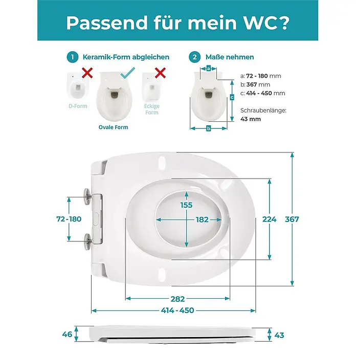 Calmwaters® WC-Sitz Family, Toilettendeckel mit integriertem Kindersitz, einzeln lösbar, Absenkautomatik, 2 Montage-Optionen von oben, abnehmbar, antibakteriell, ovale Klobrille Weiß -  - Weißer ovaler Toilettensitz mit Maßen und Kompatibilitätsanleitung für WC-Formen.