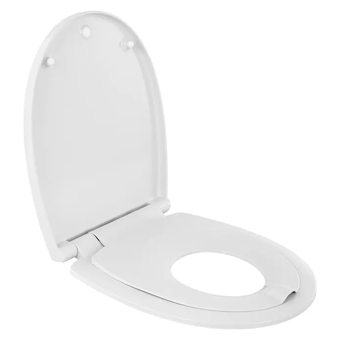 Calmwaters® WC-Sitz Family, Toilettendeckel mit integriertem Kindersitz, einzeln lösbar, Absenkautomatik, 2 Montage-Optionen von oben, abnehmbar, antibakteriell, ovale Klobrille Weiß -  - Weißer Kunststoff-Toilettensitz mit integriertem Kinder-Toilettenaufsatz, geöffnet dargestellt.