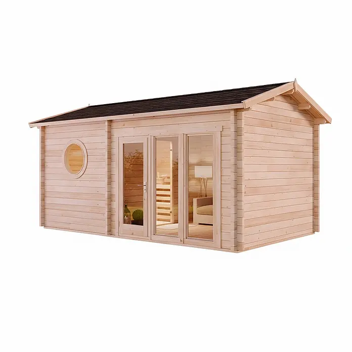 FinnTherm Saunahaus Genf 70 70mm Wandstärke -  - Helles Holz-Gartenhaus mit dunklem Dach, rundem Fenster und Glastüren, die einen einladenden Innenraum zeigen.