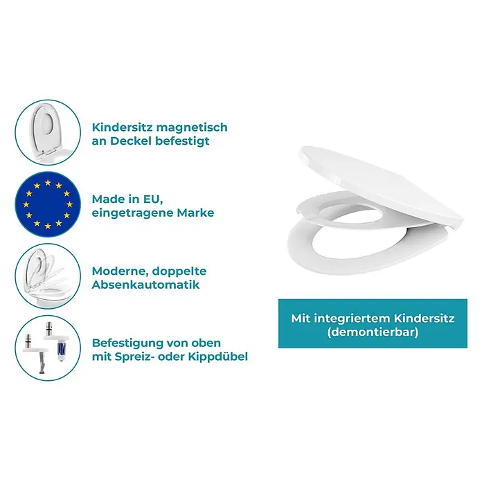 Calmwaters® WC-Sitz Family, Toilettendeckel mit integriertem Kindersitz, einzeln lösbar, Absenkautomatik, 2 Montage-Optionen von oben, abnehmbar, antibakteriell, ovale Klobrille Weiß -  - Weißer Toilettensitz mit integriertem Kindersitz und moderner Absenkautomatik.