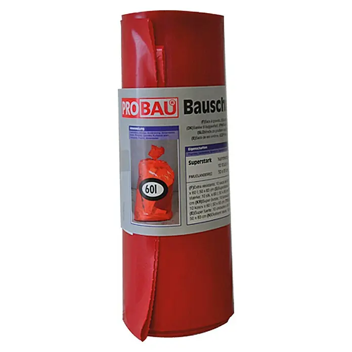 Probau Bauschuttsack - 60 l, 10 Stk. - Eine Rolle roter Müllsäcke von PRO BAU Bausch, Modell 601, für Bau- und Gartenabfälle, extra stark und reißfest für schwere Lasten.