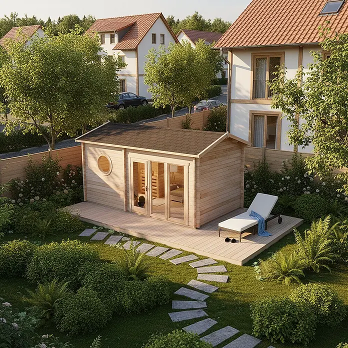 FinnTherm Saunahaus Genf 70 70mm Wandstärke -  - Hellholz-Gartensaunahütte mit dunklem Dach, Rundfenster, Glastüren und Terrasse mit Liegestuhl.