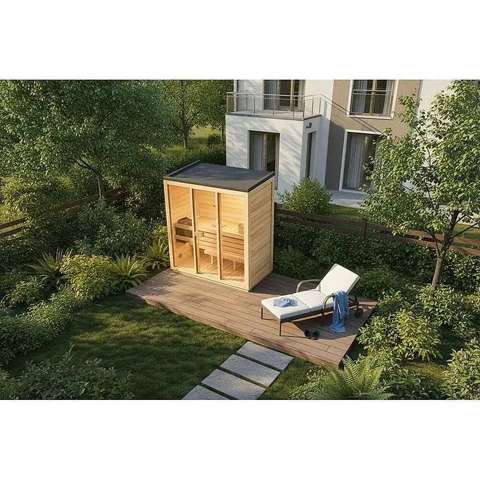 Gartensauna Kuuma M199x111cm Natur 42mm Wandstärke -  - Hellholz-Außensauna mit schwarzem Dach auf Holzterrasse im Garten, neben weißer Liege.