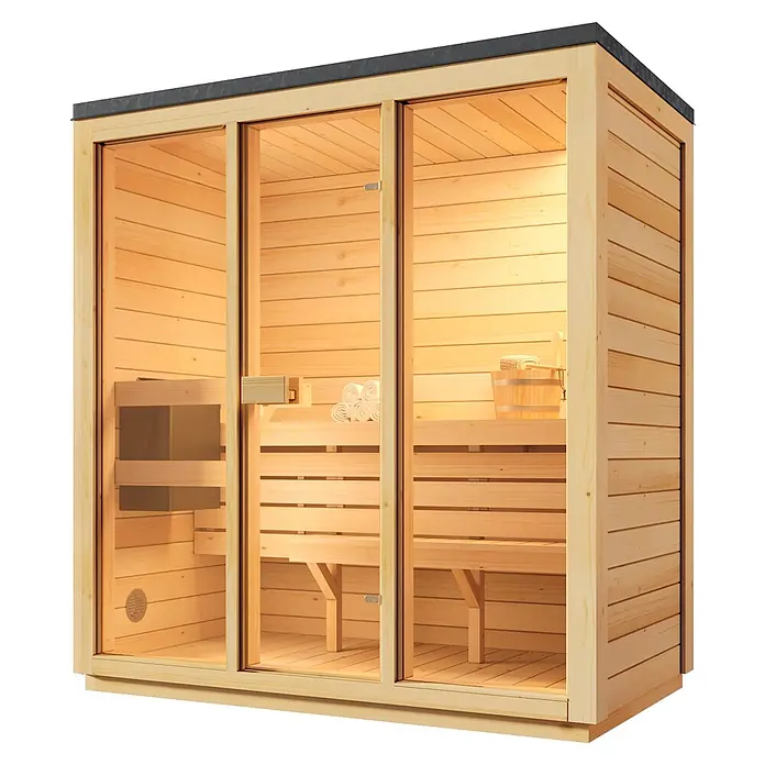 Gartensauna Kuuma M199x111cm Natur 42mm Wandstärke -  - Hölzerne Saunakabine mit Glastüren, Bänken und Wassereimer.