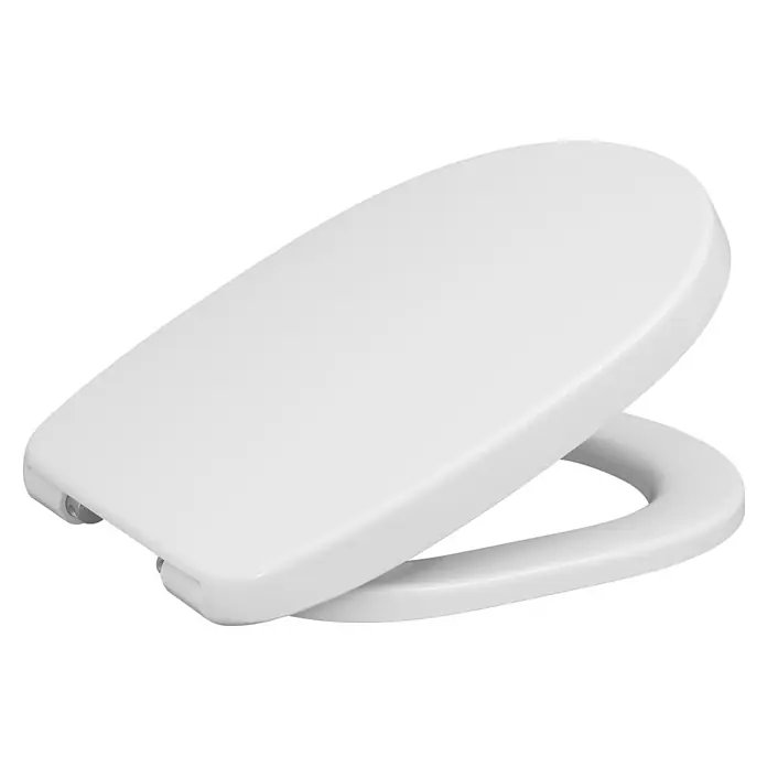Calmwaters WC-Sitz für Ideal Standard Connect | Toilettensitz Absenkautomatik | Duroplast | Take-Off & Top-Fix | Überlappend | Edelstahlscharnier | Made in EU | Weiß | 26LP6261 -  - Weißer Toilettensitz mit Deckel, teilweise geöffnet.