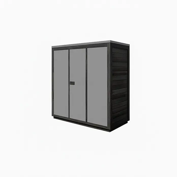 Gartensauna Kuuma M black mit Spiegelglas199x111cm Schwarz 42mm -  - Zweifarbiger Holzschrank mit dunkelgrauen Seiten und hellgrauen Doppeltüren.