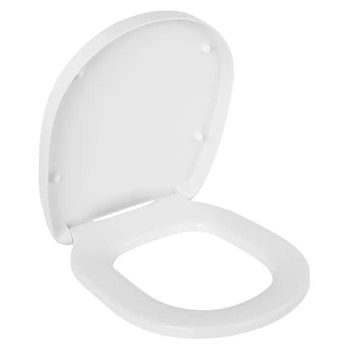 Calmwaters WC-Sitz für Ideal Standard Connect | Toilettensitz Absenkautomatik | Duroplast | Take-Off & Top-Fix | Überlappend | Edelstahlscharnier | Made in EU | Weiß | 26LP6261 -  - Weißer Kunststoff-Toilettensitz mit hochgeklapptem Deckel, der Sitz und Abdeckung zeigt.