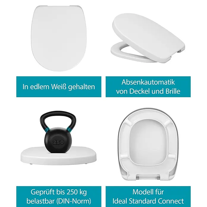 Calmwaters WC-Sitz für Ideal Standard Connect | Toilettensitz Absenkautomatik | Duroplast | Take-Off & Top-Fix | Überlappend | Edelstahlscharnier | Made in EU | Weiß | 26LP6261 -  - Weißer Toilettensitz mit Absenkautomatik, bis 250 kg belastbar, passend für Ideal Standard Connect.