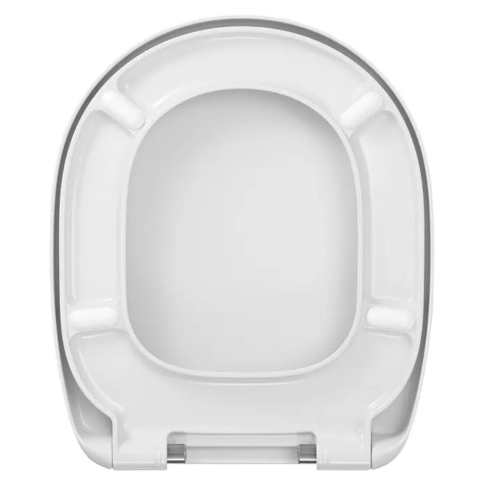 Calmwaters WC-Sitz für Ideal Standard Connect | Toilettensitz Absenkautomatik | Duroplast | Take-Off & Top-Fix | Überlappend | Edelstahlscharnier | Made in EU | Weiß | 26LP6261 -  - Weißer Toilettensitz und Deckel aus Kunststoff, von oben gesehen, mit Metallscharnieren.