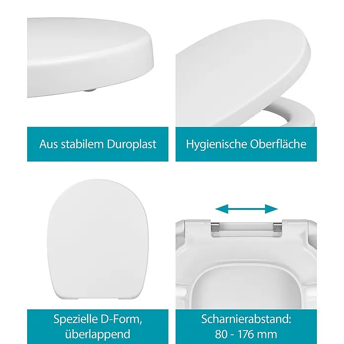Calmwaters WC-Sitz für Ideal Standard Connect | Toilettensitz Absenkautomatik | Duroplast | Take-Off & Top-Fix | Überlappend | Edelstahlscharnier | Made in EU | Weiß | 26LP6261 -  - Weißer D-förmiger Toilettensitz aus robustem Duroplast mit hygienischer Oberfläche und verstellbaren Scharnieren.