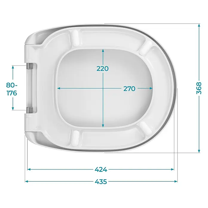 Calmwaters WC-Sitz für Ideal Standard Connect | Toilettensitz Absenkautomatik | Duroplast | Take-Off & Top-Fix | Überlappend | Edelstahlscharnier | Made in EU | Weiß | 26LP6261 -  - Weißer Toilettensitz mit deutlich angegebenen Maßen.