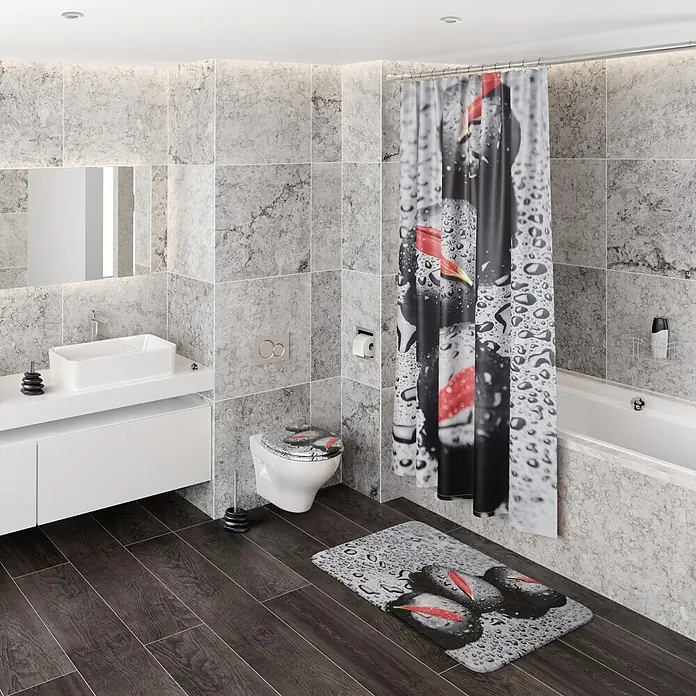 SANILO WC-Sitz Elegance mit Schnellverschluss - MDF, Schwarz|Grau|Rot, Mit Absenkautomatik - Schwarzer Stein & rote Blüte Duschvorhang, Toilettensitz & Badematte Set im Bad.