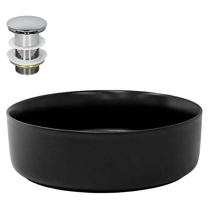 ML-Design Waschbecken Schwarz Matt Ø360x120 mm mit Ablaufgarnitur -  - Schwarzes Keramik-Aufsatzwaschbecken mit verchromtem Pop-up-Ablaufstopfen.