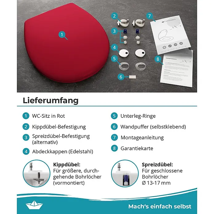 Calmwaters WC-Sitz Original - Duroplast, Rot, Mit Absenkautomatik - Roter WC-Sitz mit komplettem Montagematerial, Abdeckkappen und Montageanleitung.