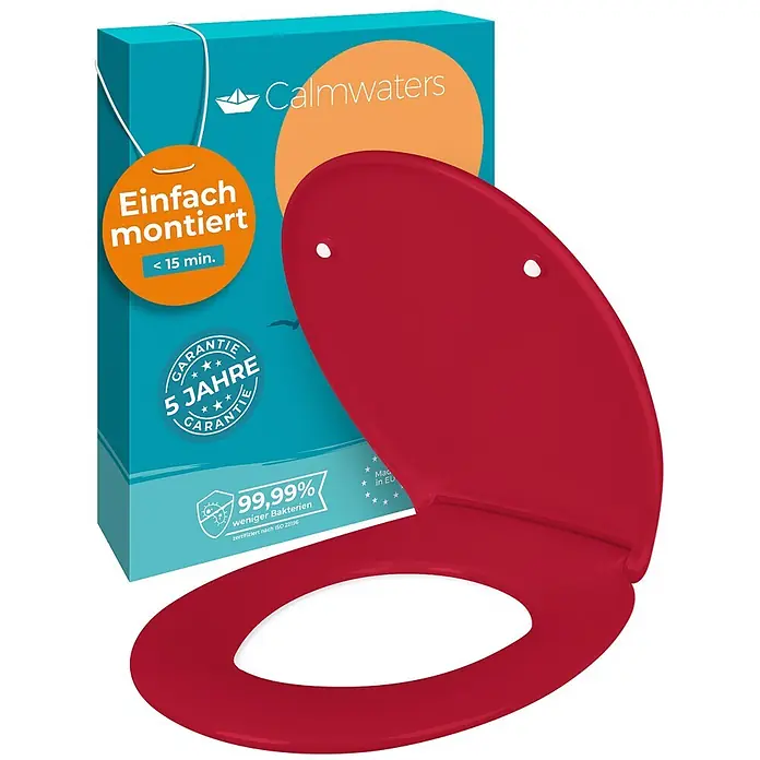 Calmwaters WC-Sitz Original - Duroplast, Rot, Mit Absenkautomatik - Roter Toilettensitz mit Deckel und blauer, oranger Calmwaters-Verpackung, die einfache Montage und antibakterielle Eigenschaften hervorhebt.