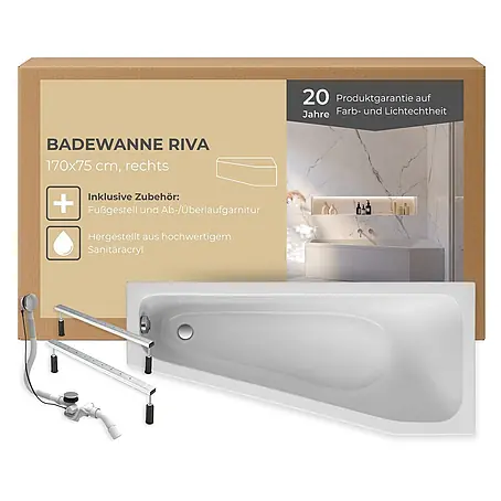 Interpromo  Raumsparbadewanne Riva Rechts Komplettset inkl. Fußgestell 170 x 75