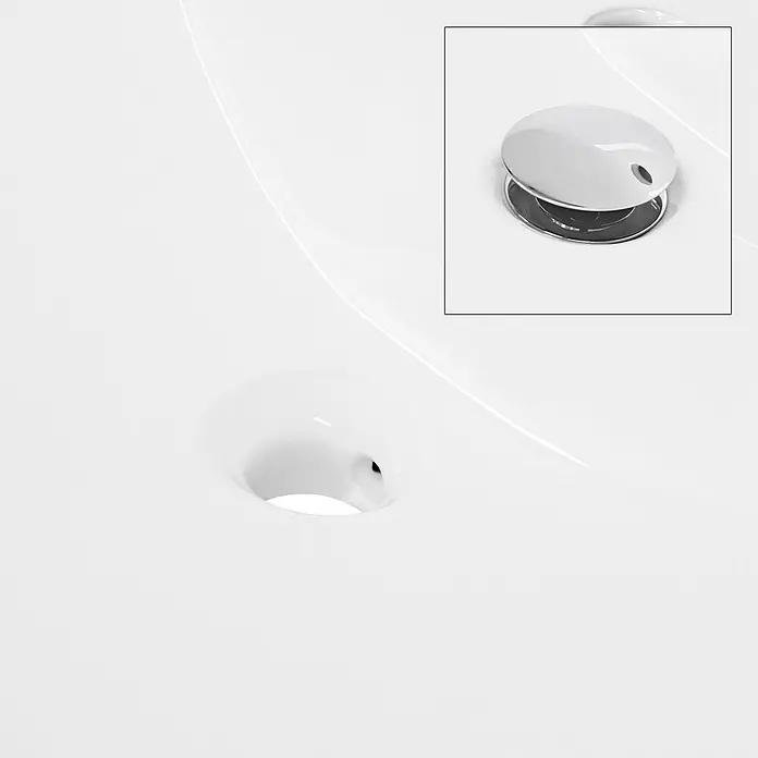 LuxeBath Waschbecken Keramik Weiß 51x15,5x41,5 cm Eckig Einbauwaschtisch -  - Verchromter Abflussstopfen in einem weißen Keramikwaschbecken.