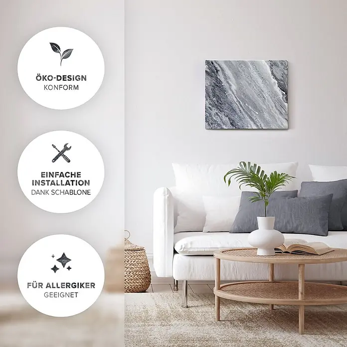 Marwona Infrarotheizkörper Qarama 500 W – Funk - B x H: 500 x 600 mm, 500 W, Qarama - Ein quadratisches Wandbild mit grau-weißem Marmormuster hängt über einem weißen Sofa in einem modernen Wohnzimmer.