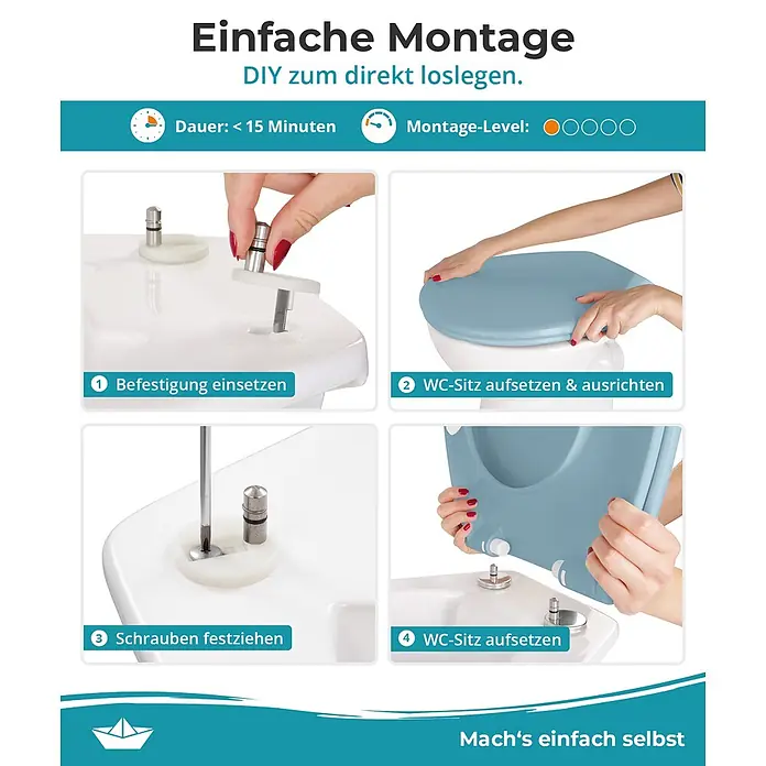 Calmwaters® Premium WC Sitz einfache Montage, Toilettendeckel bis 250 kg, Made in EU, antibakterieller Duroplast, Absenkautomatik, 2 Montage Optionen, abnehmbar, Klobrille, oval, Bermuda-Blau -  - Montageanleitung für einen WC-Sitz, mit Schritten zum Einsetzen der Befestigung, Auflegen und Festziehen der Schrauben.