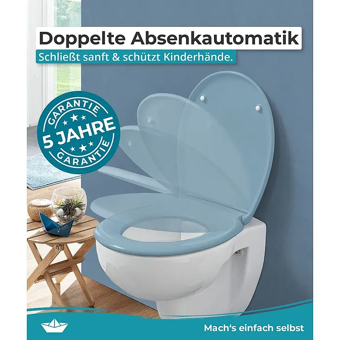 Calmwaters® Premium WC Sitz einfache Montage, Toilettendeckel bis 250 kg, Made in EU, antibakterieller Duroplast, Absenkautomatik, 2 Montage Optionen, abnehmbar, Klobrille, oval, Bermuda-Blau -  - Blauer Toilettensitz mit doppelter Absenkautomatik, schließt sanft und schützt Kinderhände. Inklusive 5 Jahre Garantie.