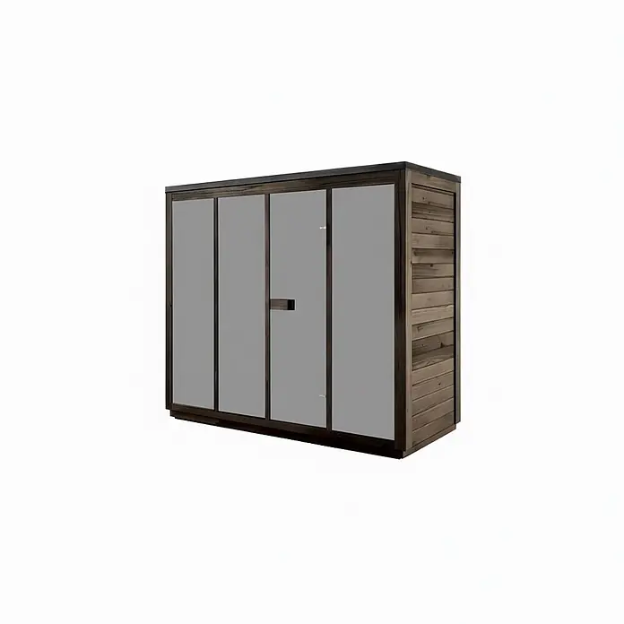 Gartensauna Kuuma L black mit Spiegelglas242x111cm Schwarz 42mm -  - Dunkelbrauner Gartenschrank aus Holz mit vier grauen Paneltüren.
