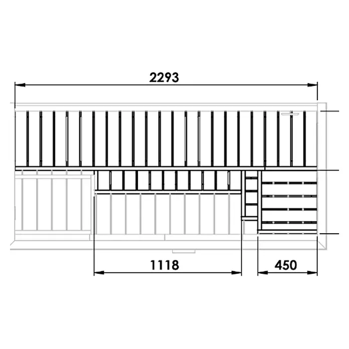 Gartensauna Kuuma L black mit Spiegelglas242x111cm Schwarz 42mm -  - Technische Zeichnung einer Schrankinneneinrichtung mit Regalen und Fächern, inklusive Hauptmaßen.