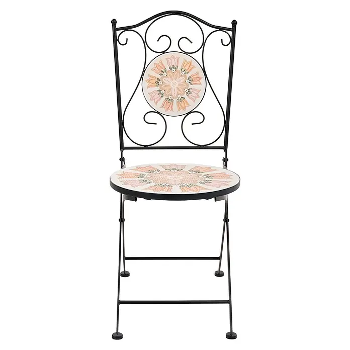 2er-Set Gartenstuhl SETTALA in Bunt/Schwarz/Weiß -  - Schwarzer Metall-Klappstuhl mit runder Mosaik-Sitzfläche und Rückenlehne, verziert mit floralem Muster in Pfirsich-, Rosa- und Grüntönen.