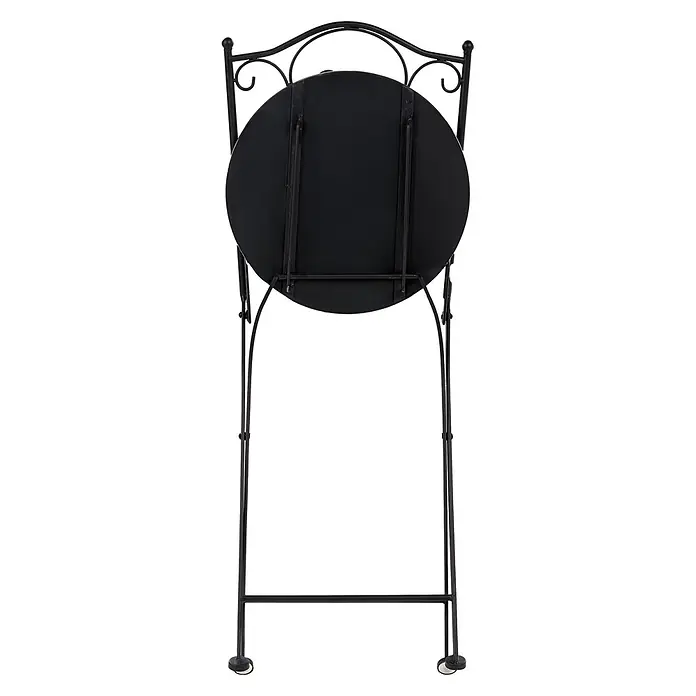 2er-Set Gartenstuhl SETTALA in Bunt/Schwarz/Weiß -  - Schwarzer Metall-Klappstuhl von hinten gesehen, mit seinen Schnörkeln und dem Klappmechanismus.