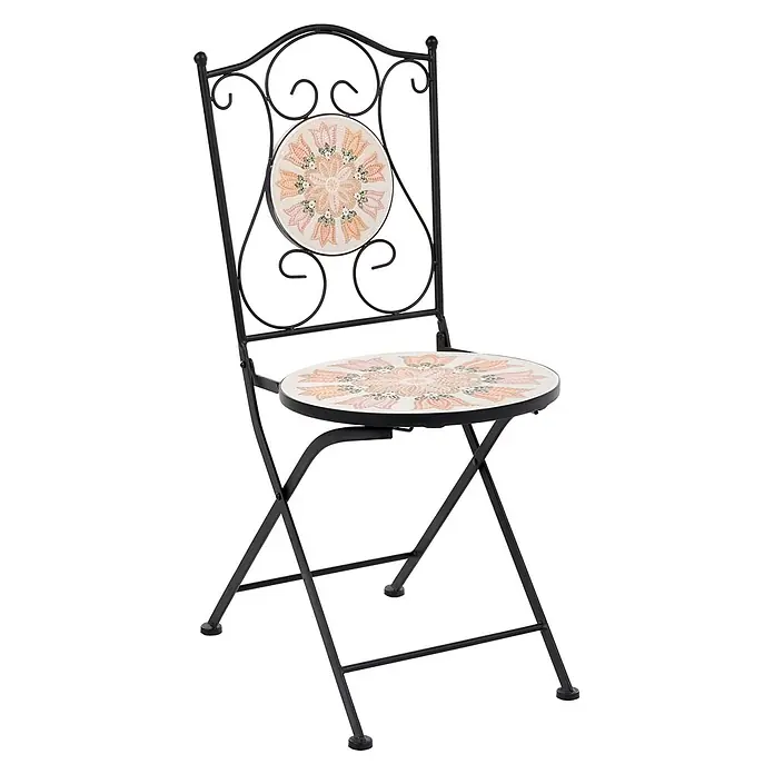 2er-Set Gartenstuhl SETTALA in Bunt/Schwarz/Weiß -  - Klappbarer Gartenstuhl mit schwarzem Metallgestell und bunter floraler Mosaikfliesen-Sitzfläche und Rückenlehne.